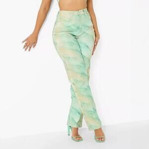 Boohoo Green Marble Print High Waisted Straight Leg Jeans Size US 4